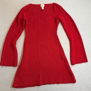 H&M Sweater Dress Womens Size M Red Ribbed Knit Bodycon Short Square Neck